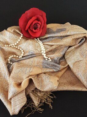 Vtg 100% Pashmina Cashmere Jacquard Paisley Metallic Thread Shimmer Scarf Wrap